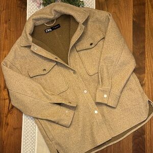 Beige Utility Jacket with Collared Neckline and Textured Wool-Blend